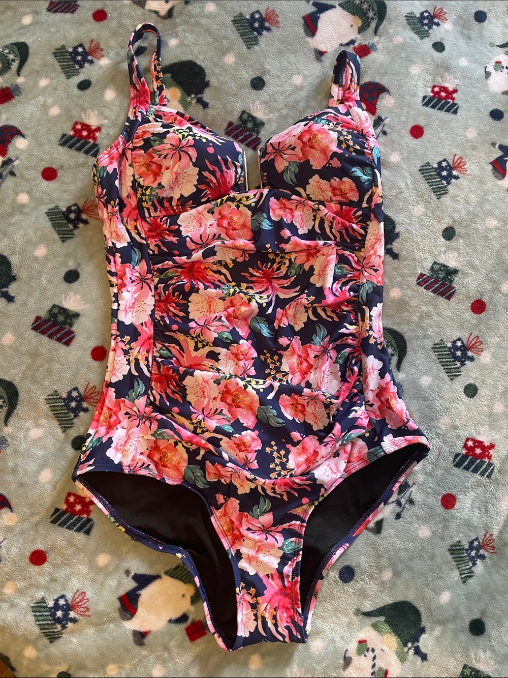 Floral One-Piece Swim Suit - Navy with Pink Blossoms